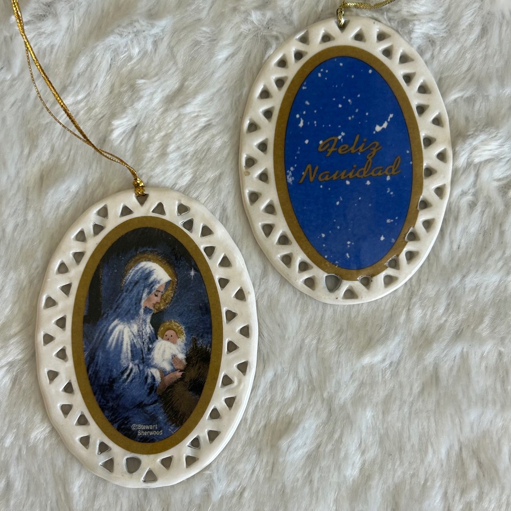 Stewart Sherwood Christmas Ornaments Blue Feliz Navidad Nativity 2pk Giftco